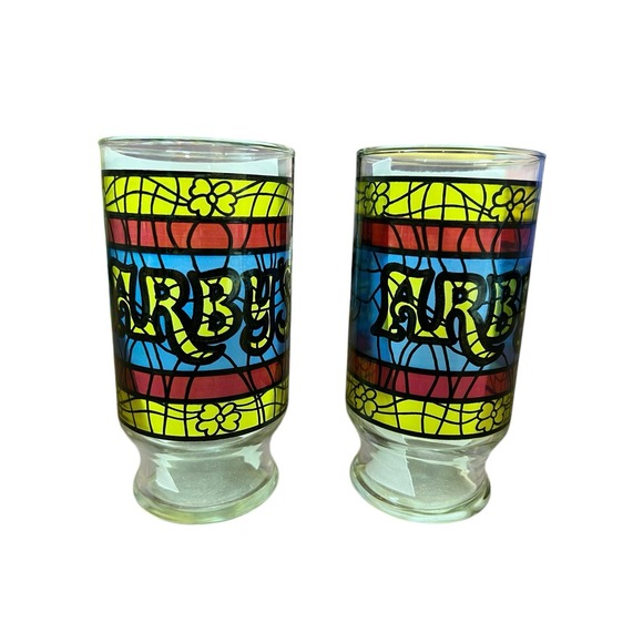 Arby's Restaurant Stained Glass Drinking Tumblers Glasses Vintage 1970s Set of 2 - Picture 3 of 4